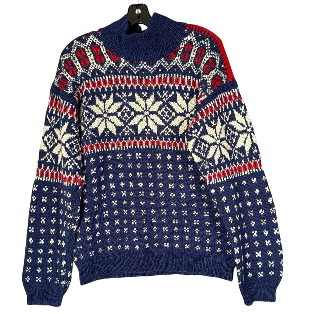 Women's Blue Red Snowflake Nordic Scandinavian Sweater Wool Turtleneck S